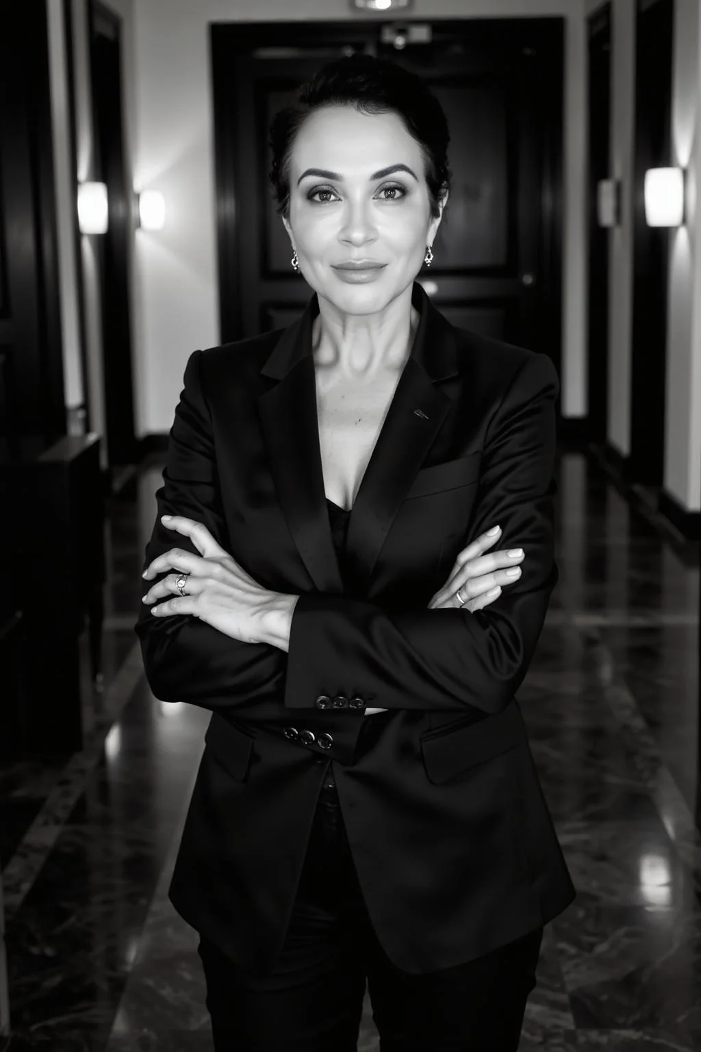 Rita de Cássia Rocha em pé, de braços cruzados, em retrato preto e branco sobre liderança e negócios em Angola